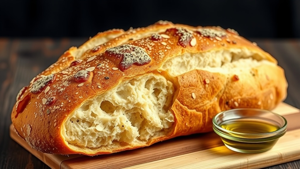 Classic Italian Ciabatta Bread Recipe A rustic loaf of Ciabatta bread with a golden crust and airy crumb on a wooden cutting board, accompanied by olive oil.